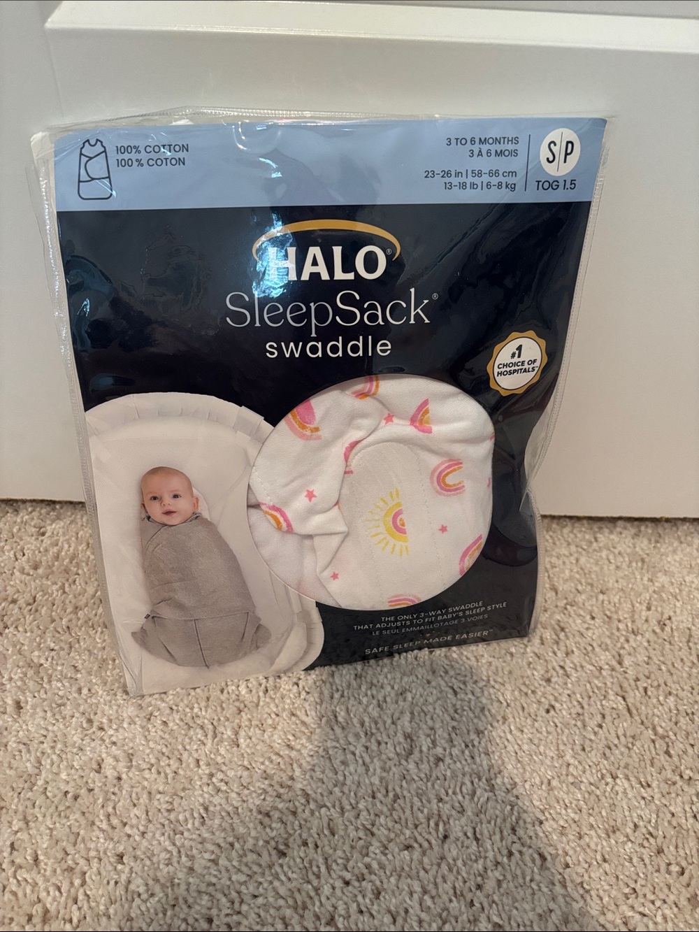Halo SleepSack Swaddle in White with Pink & Yellow Rainbow Print